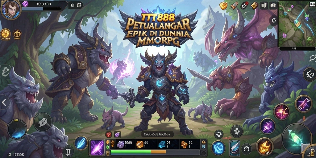 Screenshot utama menunjukkan pertempuran seru dalam game MMORPG TTT888.